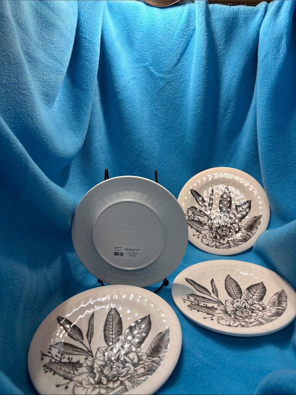 Set of 4-DemDaco Cream Ceramic Dessert Plates with Black Botanical Illustration